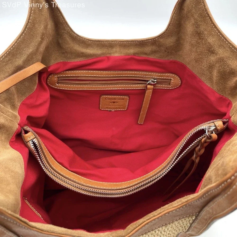 Cavalcanti Women's Woven Straw Leather Trim Tote Bag Tan Made in Italy Buckle